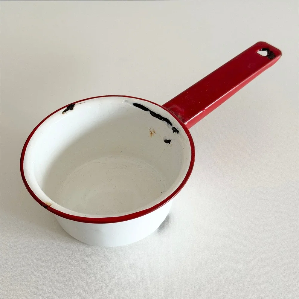 Vintage Mid-Century Enamelware Sauce Pot Red/White 5